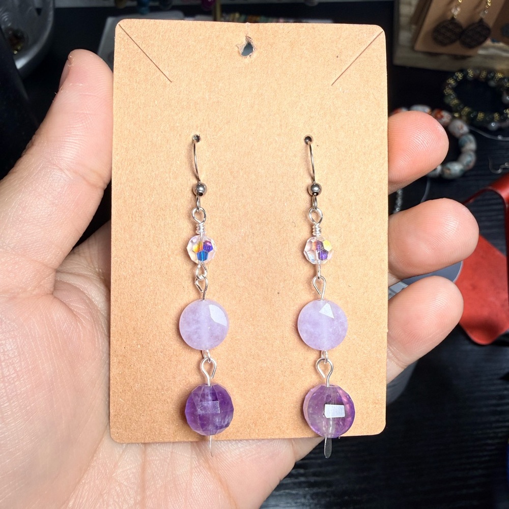 Amethyst & Purple Quartz Earrings with Swarovski Crystal Accent - Picture 3 of 4